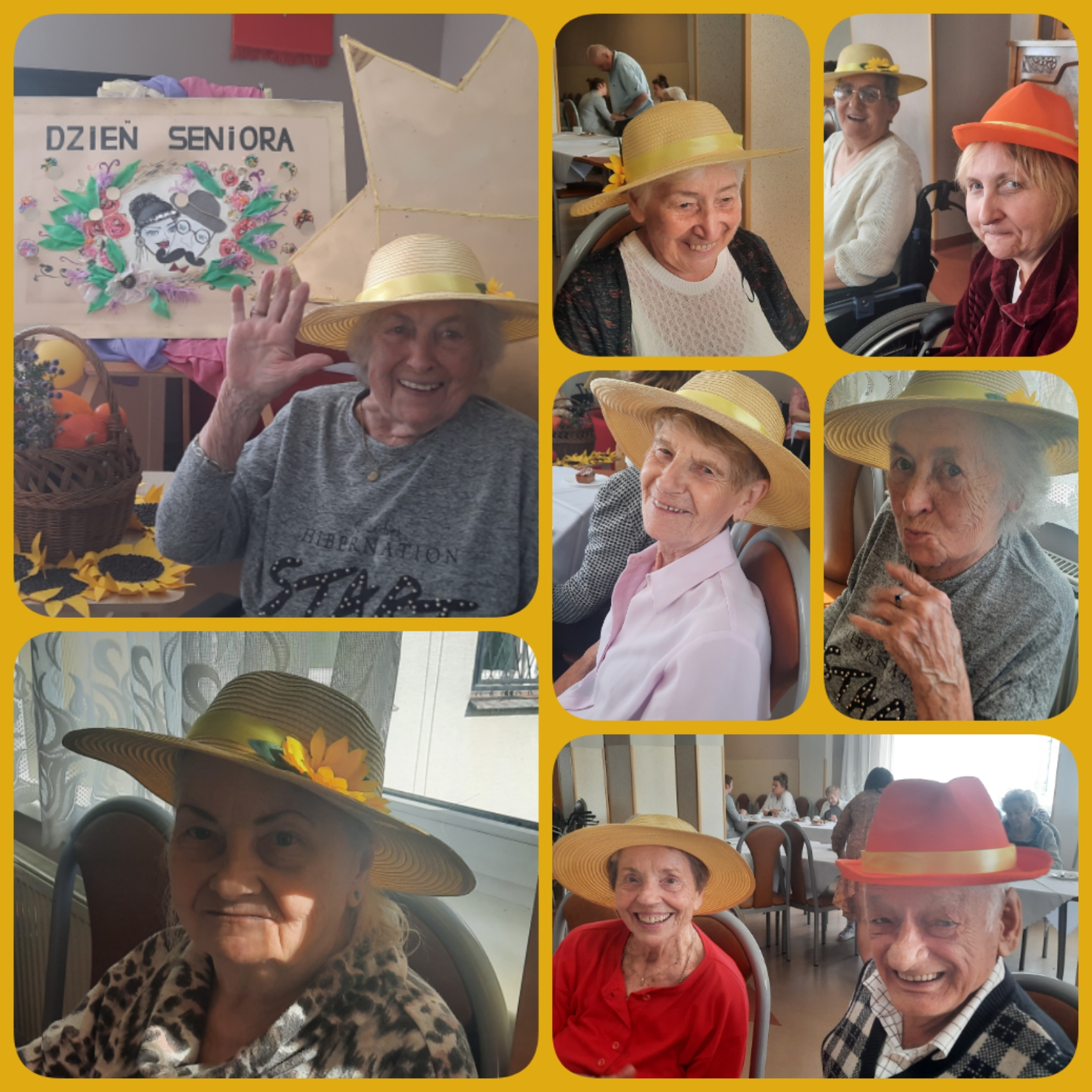 Zdjęcie kolaż - zdjęcia uśmiechniętych Seniorek z kolorowymi kapeluszami na głowie