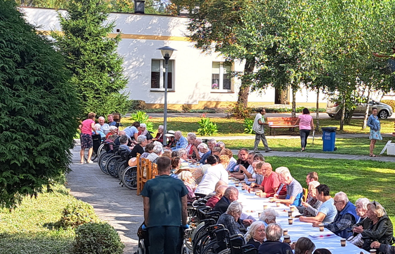 Seniorzy siedzą w ogrodzie