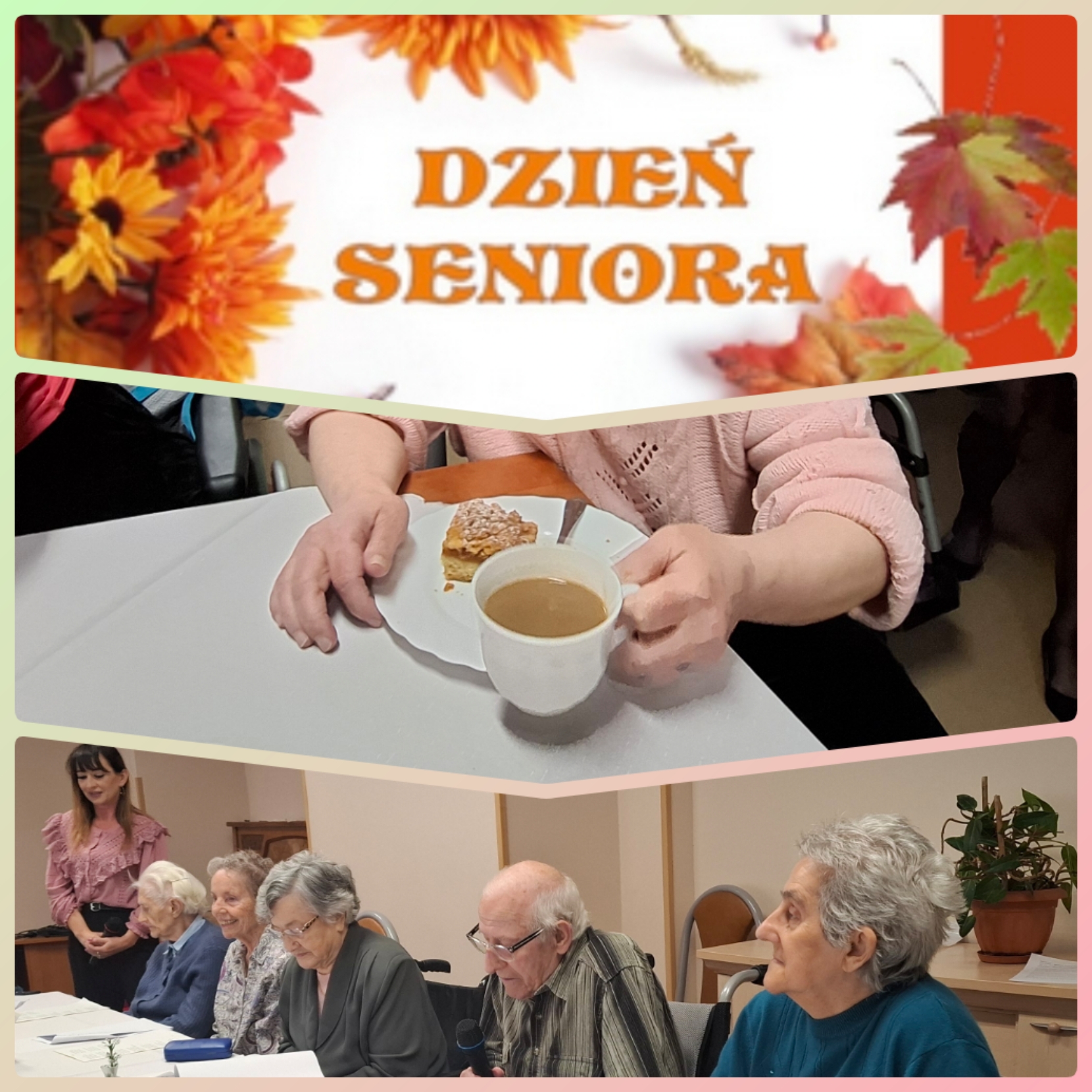 Zdjęcie kolaż - napis Dzień Seniora, ujęcie na kawę i ciastko, Seniorzy siedzący przy stole