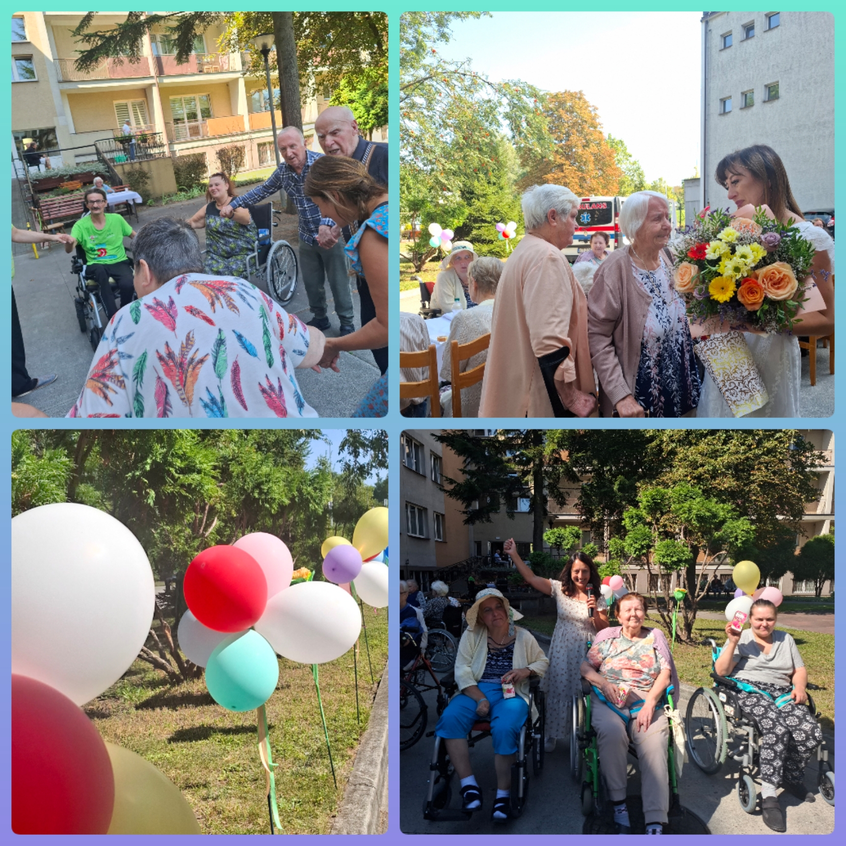 Zdjęcie kolaż - Seniorzy tańczą w kółu, pracownica Domu trzyma kwiaty w rękach i rozmawia z Seniorami, Pracownica Domu pozuje do zdjęcia z Seniorami siedzącymi na wózkach inwalidzki, zdjęcie balonów ozdabiajacych ogród Domu