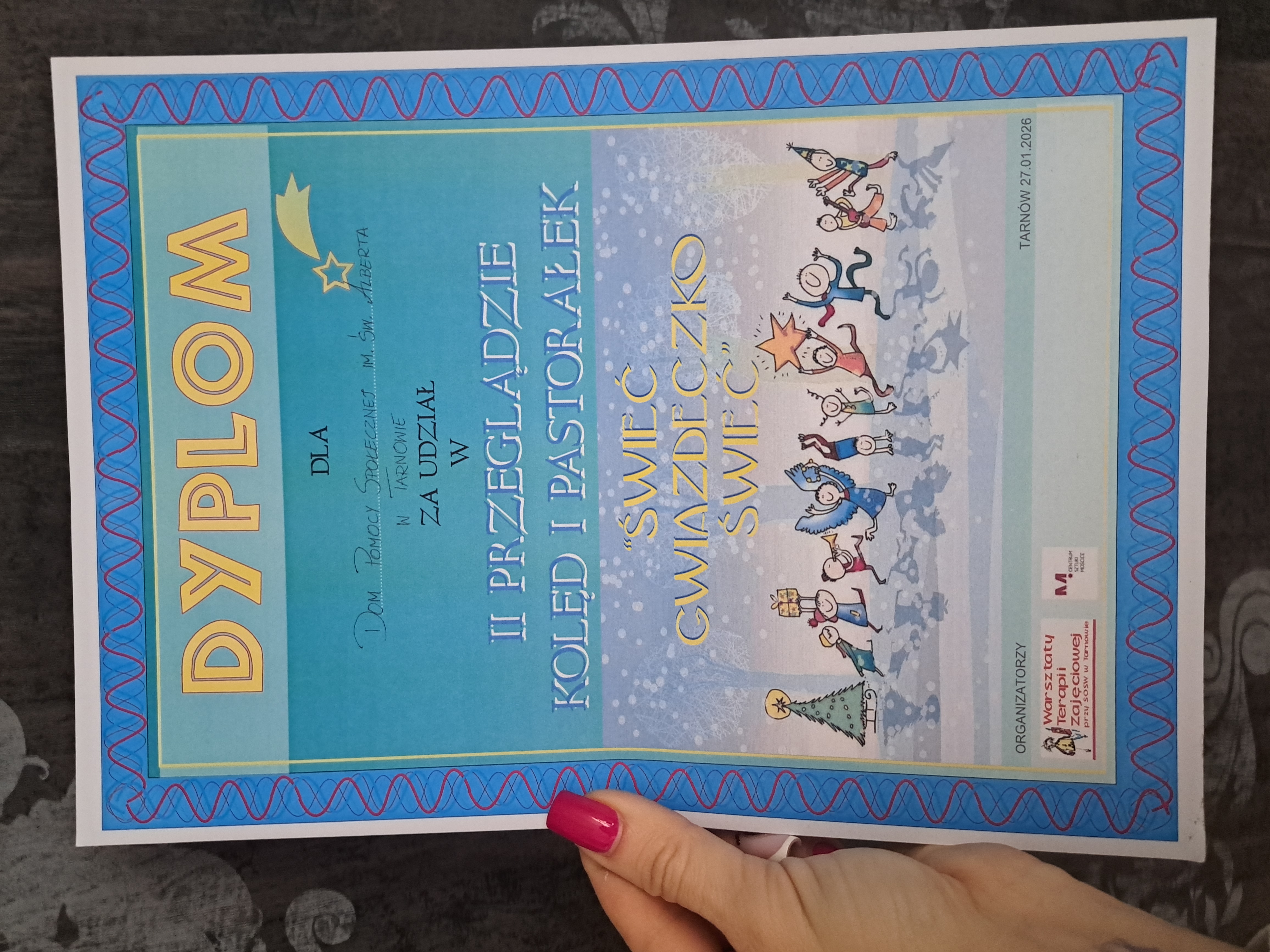 Dyplom dla Domu za udział w przeglądzie kolęd i pastorałek